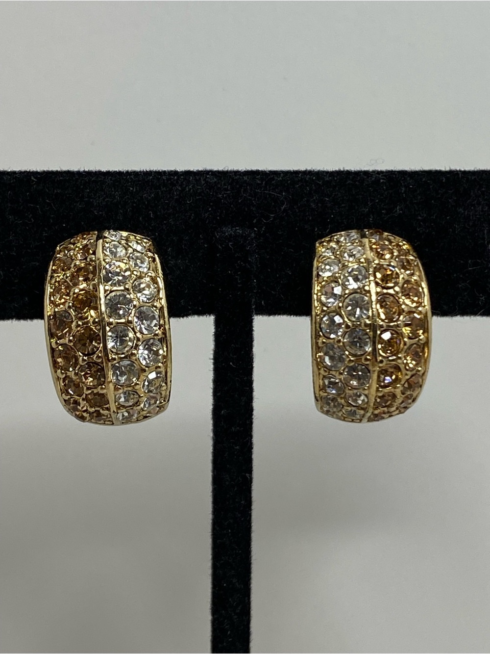 Vintage Crystal Clip-On Half Dome Earrings Champagne And Clear Gold Tone